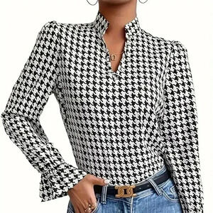 Geometric-pattern V Neck Long Sleeve Pullover Blouse (Color: Mixed Color)